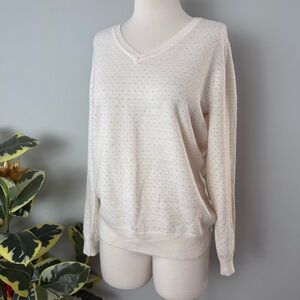 BASIC EDITIONS Off-White Gold Metallic Polkadot V-Neck Sweater ~ Large